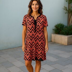 Women's Chevron Print Shift Dress Coral Navy Knee Length Casual Boho Tunic Sz Lg